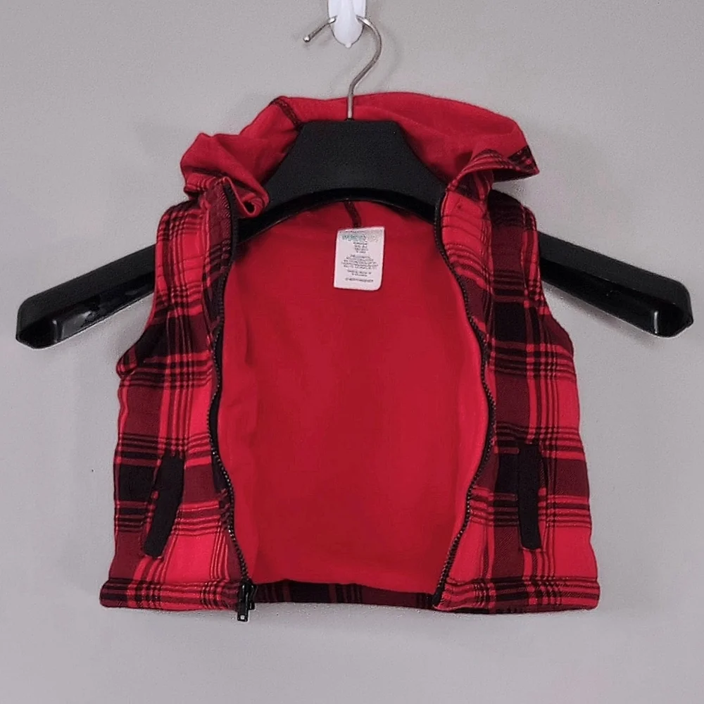 New Wonderkids 12M Red/Black Plaid Knit/Fleece Hooded Vest Jacket